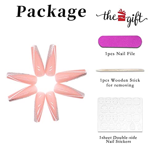 RUNRAYAY Pink French Fake Nails with Sequins, Splicing Press on Nails with French Tips, Long Stick on Nails - Image 3