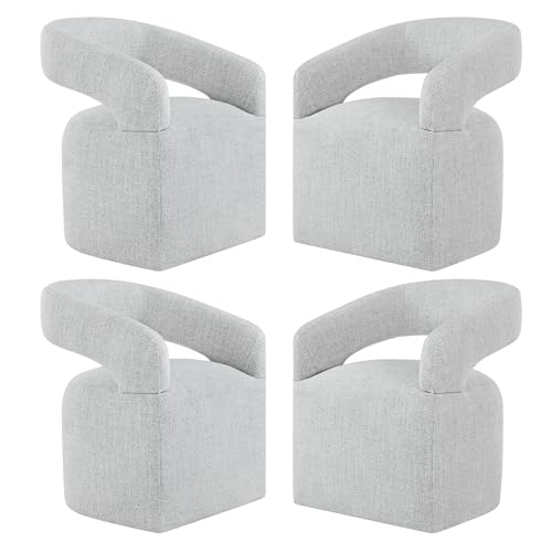 Image of KISLOT Upholstered Dining Chairs Set of 4, Modern Rolling Dining Chairs with Hidden Casters, Arm Kitchen Chairs with Linen Look Fabric, Padded Barrel Chairs for Dining Room, Kitchen, Light Gray