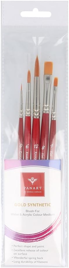 Pan Art Brush Set, Synthetic PA-SS-04 - for Acrylic & Watercolour Painting - 5 Pieces, Red