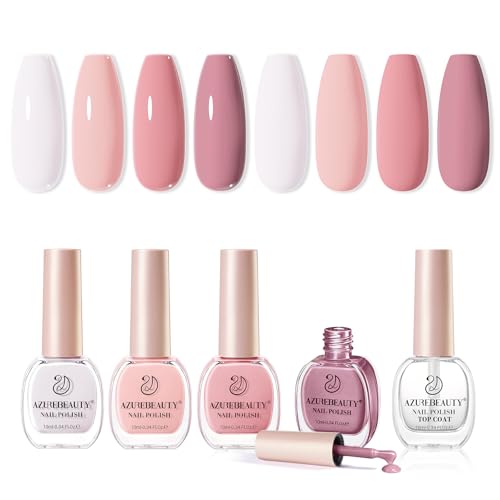 Image of AZUREBEAUTY Nude Pink Nail Polish Set (4 Colors + Top Coat), Soft Solid Shades for Natural Look, Glossy Finish, Fast Dry, No Lamp Needed