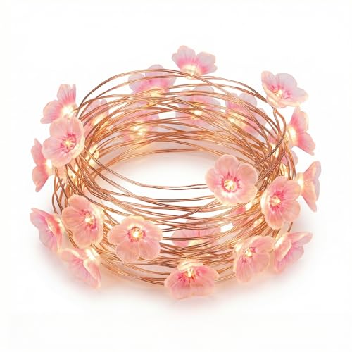Image of DiiWmme 2M 20 LED Pink Cherry Blossom Fairy Lights, Battery Operated Flower String Lights for Bedroom Decor, Indoor Spring and Christmas Decorations, Girls Room Gift (Flowers)