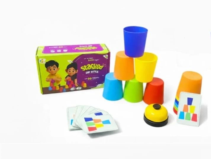 Image of Awestuffs Stacking Cups Game for Kids - 12 Stacking Cups + 50 Pattern Cards + Bell | Fun Family Party Game | Montessori Brain Boosting Puzzle STEM Toy (Stacking Cups Game)