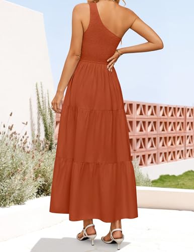 Image of ZESICA Women's 2026 Bohemian Summer Floral Print One Shoulder Sleeveless Smocked Ruffle Tiered Beach Long Midi Dress