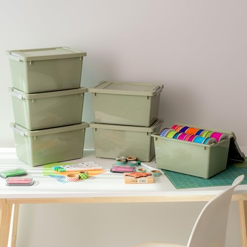 Image of IRIS USA 4 Qt. Craft Storage Bins with Lids, 6-Pack, |Made in USA|, Clip Box, Small Plastic Sensory Bin Tote Organizer Containers for Art Supplies, Paper, & Office, Stackable - Sage Green