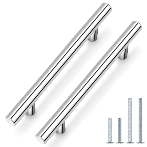 Image of Probrico 50 Pack| 5 inch Drawer Pulls Stainless Steel, Modern Polished Chrome Cabinet Pull, Round T bar Handles Dresser Drawer Pulls, Kitchen Cabinet Knob Hardware
