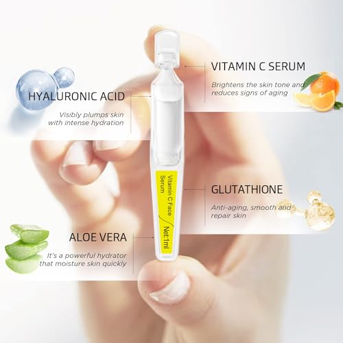 BACHERI Vitamin C Face Serum with Glutathione, 4D Hyaluronic Acid & Aloe Vera – Lightweight Brightening & Hydrating Ampoule for Daily Skincare, Dark Spots, Sensitive Skin Friendly - (1.0 ml)*30 Vials