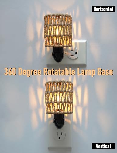 Image of Boho Plug in Night Light with Switch, 2-Pack Farmhouse LED Night Lights Plug into Wall Socket, 0.5W Baby Nursery Nightlight with Bohemian Rattan Lamp Shade for Adult Kids Room Bathroom Hallway