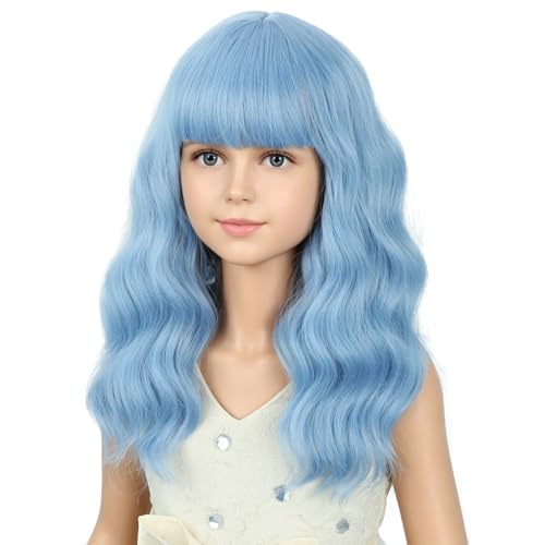 Image of PATTNIUM Light Blue Wig Short Blue Wigs with Bangs Shoulder Length Wavy Heat Resistant Synthetic Wig
