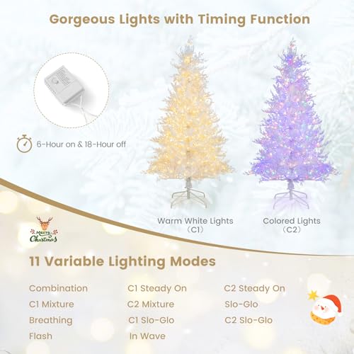 GYMAX 6FT Pre-lit Christmas Tree, Hinged Artificial Xmas Tree with 383 Snow Flocked Branch Tips, 300 Warm White & LED Lights, 11 Dynamic Modes & Timer, Holiday Decoration Tree for Home Party GYMAX 6FT Pre-lit Christmas Tree, Hinged Artificial Xmas Tree with 383 Snow Flocked Branch Tips, 300 Warm White & LED Lights, 11 Dynamic Modes & Timer, Holiday Decoration Tree for Home Party