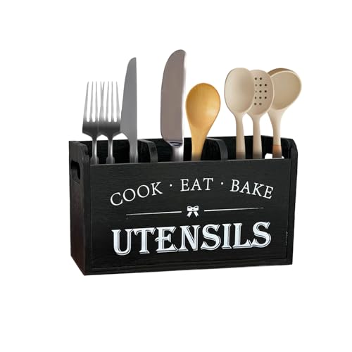 MHYMX Kitchen Utensils Holder, Cutlery Holder Kitchen Wooden Utensil Holder Black Utensil Pot with 3 Compartments and Drainage Bottom Large Cutlery Storage Caddy for Table