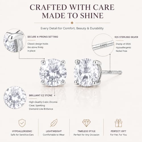 925 Sterling Silver White CZ Stud Earrings for Women Birthstone Jewelry - image 4