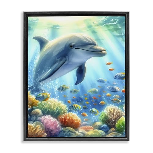Majestic Dolphin Underwater Coastal, 17 x 21 Inch Canvas in Floater Frame