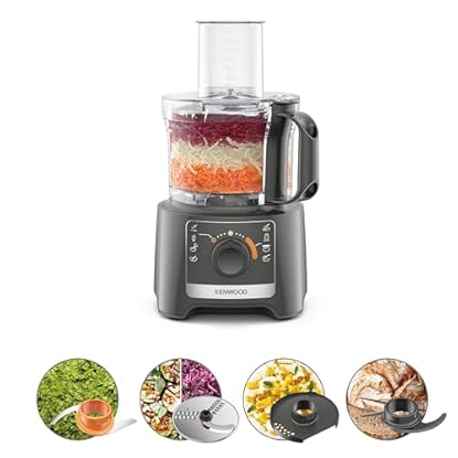 Foto di Kenwood Multipro Compact FDP31.020GY Modello 2023, Robot Tritatutto da cucina con 2 velocità di Lavorazione + Pulse, Ciotola da 2,1L, Tagliaverdure Elettrico per Tritare, Grattugiare e Impastare, 800w