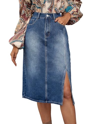 Women's High Waisted Side Split Denim Skirt Casual Midi Jean Skirts with Pocket