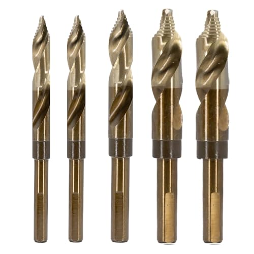Drill America 5 Piece Cobalt Stepped Drill Bit Set with 1/2" Reduced 3-Flat Shank, Gold Oxide Finish for Drilling Acrylic, Steel, Hard Metals, GSC Series