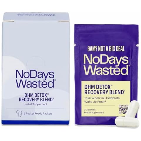 No Days Wasted DHM Detox 5 Portable Servings - Optimized Blend of DHM (Dihydromyricetin Supplement) and Vitamins to Take During Evening for Better Next Day and Recovery Cover