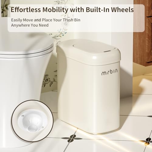 Image of MRBIN Motion Sensor Adsorption Bag Bathroom Trash Can with Lid and Wheels, 10L /2.6gal Automatic Waste Basket Slim Electric Metal Garbage Bin for Office, Bedroom, Rv, Cream White