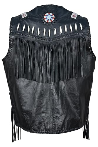 Image of Men's Western Cowhide Suede & Leather Vest - Beaded Fringe Yoke & Back Native-Inspired Cowboy Biker Vest