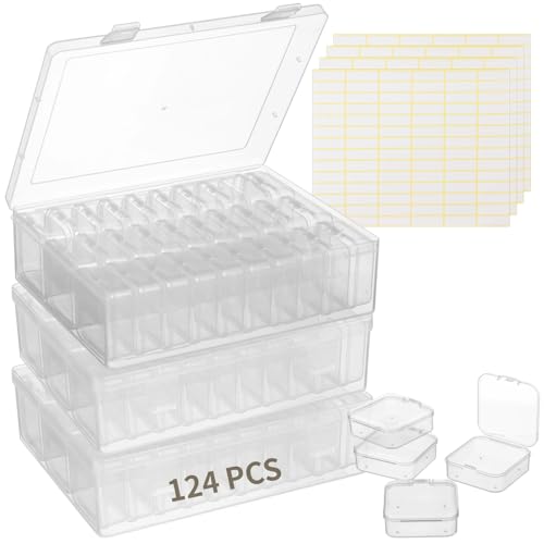 Image of 120Pcs Bead Organizer Box, Small Clear Plastic Bead Storage Containers, 4 Craft Storage Boxes with Hinged Lid, 336 Labels, Mini Box for Jewelry Making Bracelets Beading Nails Screws Seeds Small Parts