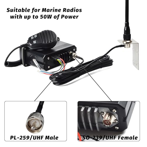 Image of TWAYRDIO Low Profile 6.5 inch Marine VHF Antenna w /16.4ft RG58 Coaxial Cable PL-259 Connector and L-Shape Mounting Bracket for Boats