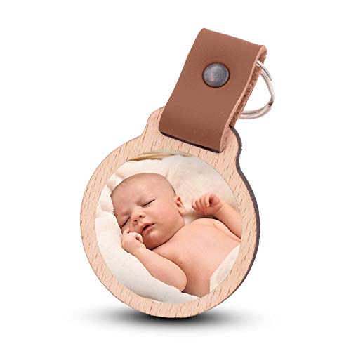 Preisvergleich Produktbild Wogenfels - Schlüsselanhänger selbst gestalten mit Fotodruck / Echtes Holz mit Lederband / kreative Geschenkidee Geschenk für Damen / Frauen (Hellbraun)