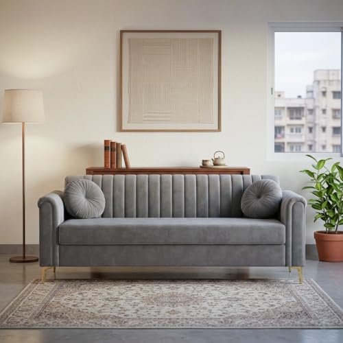 Image of FURNY Dorino 3 Seater Fabric Sofa Set (Light Grey) Premium Velvet Finish Durable & Comfortable Ideal for Living Room