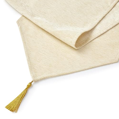 Image of Encasa XO Fine Chenille Table Runner for Dining with V-End and Tassels, 4 Seater Size 32x150 cm - Cream | Decorative Cloth for Party, Wedding, Home, Cafes, Restaurants & Hotels