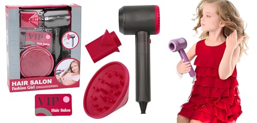 Phon Giocattolo per Bambini a Batteria Asciugacapelli Funzionante con Suoni e Aria Reali con Accessori Diffusore e Beccuccio Set Parrucchiera Parrucchiere Bimba Bimbo Salone di Bellezza