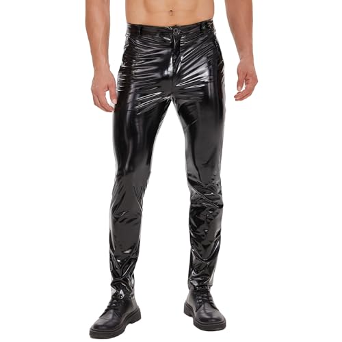 xokesy Herren Glänzende Lederhose, Sexy Hosenschritt mit Reißverschluss, Wetlook PU-Leder, gerade Lässige Lederhose für Herren für Kostüm Cosplay Nachtclub Schwarz