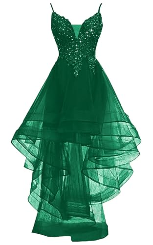 ZJCCKD Hi Low Homecoming Dresses Short Tulle Laces Formal Evening Dress with Spaghetti Strap Dark Green