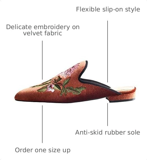 Image of Fericzot Women's Velvet Backless Pointed Toe Slip On Loafers Flats Embroidery Mule Slippers Shoes