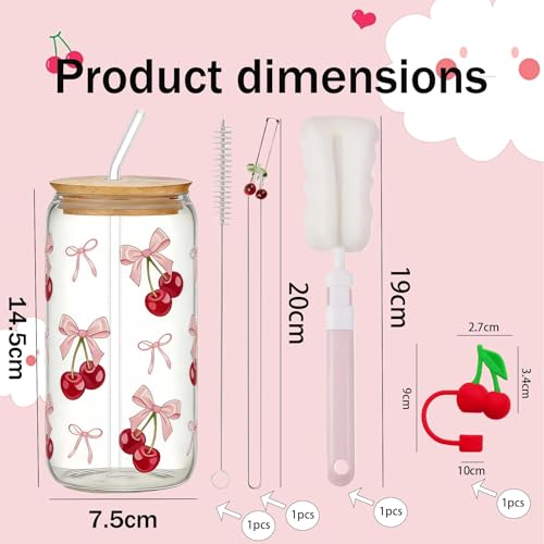 6 Pcs Cherry Glass Cup Set with Lids and Straws - Cute Pink Glasses for Iced Drinks, Ideal Thank You Gift - Image 2