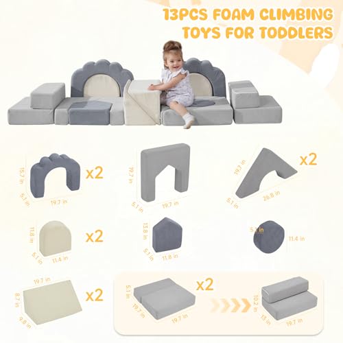 Image of Foam Climbing Toys for Toddlers, 13pcs Soft Play Climbing Blocks | Climb and Crawl Activity Playset, Indoor Crawling Sliding Toys, High-Density Foam Play Structures for Playroom,Washable Cover