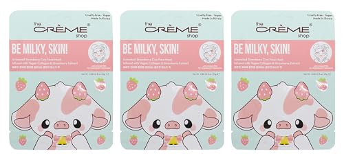 The Crème Shop Be Milky, Skin! Animated Strawberry Cow Face Mask, Vegan Collagen Facial Mask, K Beauty Sheet Mask - 3 Pack