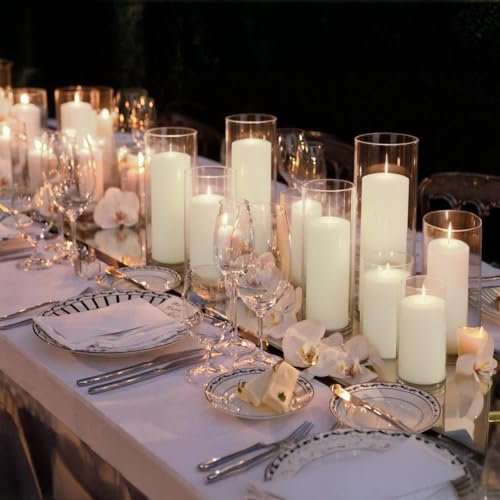 Veiuwa 12-Pack White Pillar Candles (2''X3,4,6) & 12-Pack Glass Cylinder Vases(2.6''X5,6,8),Hurricane Candles,Wedding Centerpiece Decor Set-Mixed Heights for Table, Proposal, Event.
