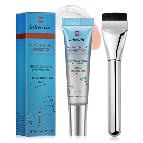 CC Crème Water Gel Correction+Pinceau à Fond de Teint,Crème Teintée CC Water à la Centella Asiatica,Anti-cernes Transparent et Coloré, Teint Uniforme, Peau Hydratante, pas de Sensation de Maquillage
