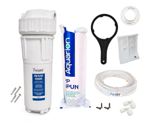 Image of Parijata 10 inch Heavy Quality White Pre-Filter Housing with Spun PP Filter, Clamp & Elbow Connector 1 /4 inch for ro Water Purifier, 5 Micron Sediment Filter (White Prefilter+Spun Filter 128gm)