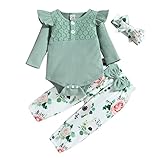 Saeevima Kleinkind Baby Mädchen Kleidung 2pcs Set Einfarbig Langarm Pullover Body Strampler Top Rüschen Taille Blumen Lange Hosen Stretch Stirnband Outfits (Grün 1, 3-6 Months), 3-6 Monate