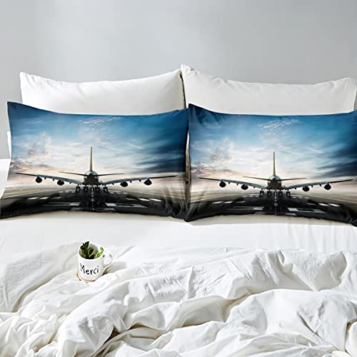 Kids Boys Airplane Duvet Cover Queen Blue Sky Aviation Aircraft Runway Bedding Set 3D Print Luxury Microfiber Modern Airplane Pattern Comforter Cover For Men Cool Bedspread Cover With 2 Pillow Shams #TOP3