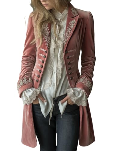 YONGHONGKEJI Blazer De Terciopelo Rosa para Mujer Chaqueta Larga Vintage Bordada De Terciopelo Blazer Retro para Festival Vestido Largo Medieval Traje Cosplay Pirata Disfraz Gótico Rosa M
