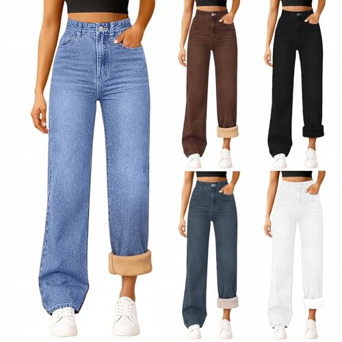 Fleece Lined Jeans Women Casual Fall 2025 Flannel High Waisted