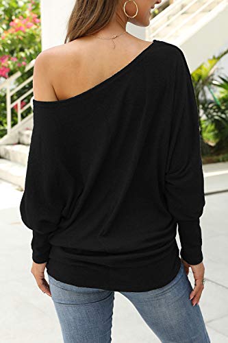 Aifer Long Sleeve Shirts For Women,Off The Shoulder Tops Black Pullover Sweater Casual Oversized Tunic Tops #TOP4