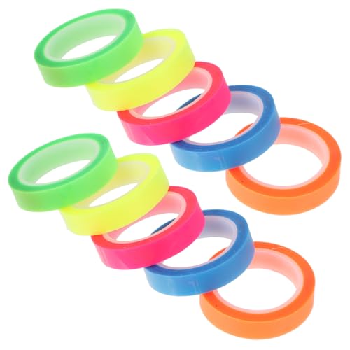 WOONEKY 10ロール 防水透明蛍光便利貼テープ巻 薄型カラー強粘着付箋 蛍光ページマーカー 教育読書注釈用オフィス用品