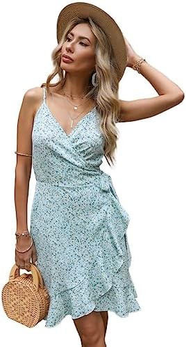 Summer Ladies Sleeveless Print Dress V-Neck Halter Casual wrap Dress Short Floral Dress（M） Light Blue