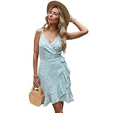 Summer Ladies Sleeveless Print Dress V-Neck Halter Casual wrap Dress Short Floral Dress（M） Light B