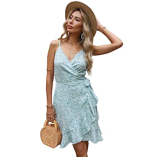 Summer Ladies Sleeveless Print Dress V-Neck Halter Casual Wrap Dress Short Floral Dress（M） Light Blue #TOP1