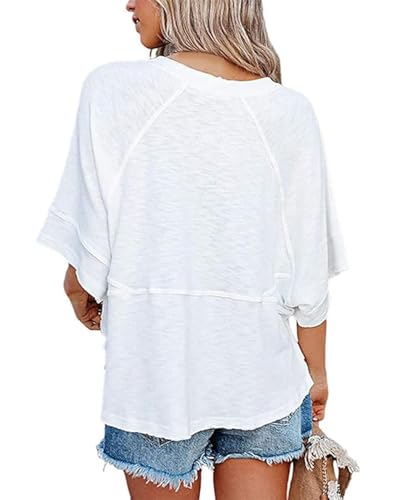 Womens Fashion T-Shirt Crewneck 3/4 Sleeves Solid Color Loose Basic Tops Summer Casual Tees Blouses3