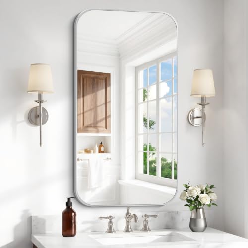 BONEWEI Silver Bathroom Mirror,20x36 inch Wall Mirror for Bathroom Wall Mounted,Rectangle Mirror for Bathroom Over Sink,Modern Frame Round Corner for Living Room,Bedroom Entryway,Horizontal/Vertical