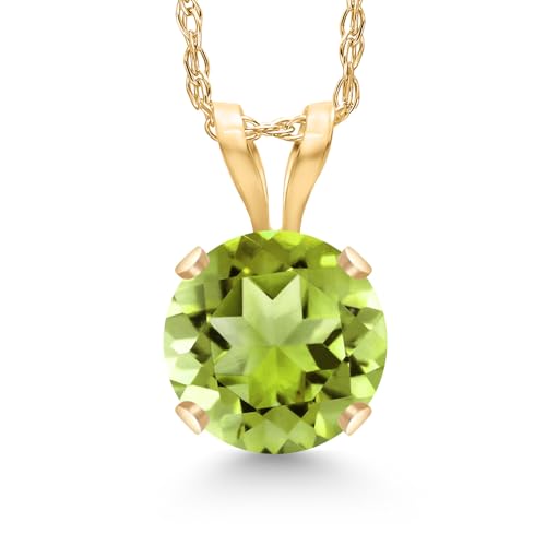 Gem Stone King Solid 14K Gold Gemstone Birthstone 4-Prong Pendant Necklace | Round Cut 6MM | Gold Necklace For Women | With 18 Inch Gold Chain | Peridot-August | Yellow Gold