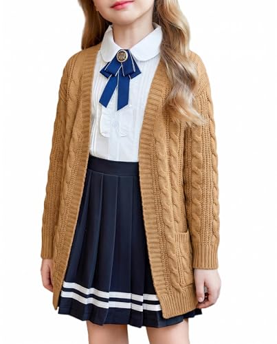Image of Arshiner Girls Open Front Cardigan Long Sleeve Casual Kids Fall Clothes Solid Thick Chunky Sweater Coat with Pockets